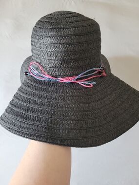 Black Wide Brim Straw Sun Hat with Pink & Blue Braid